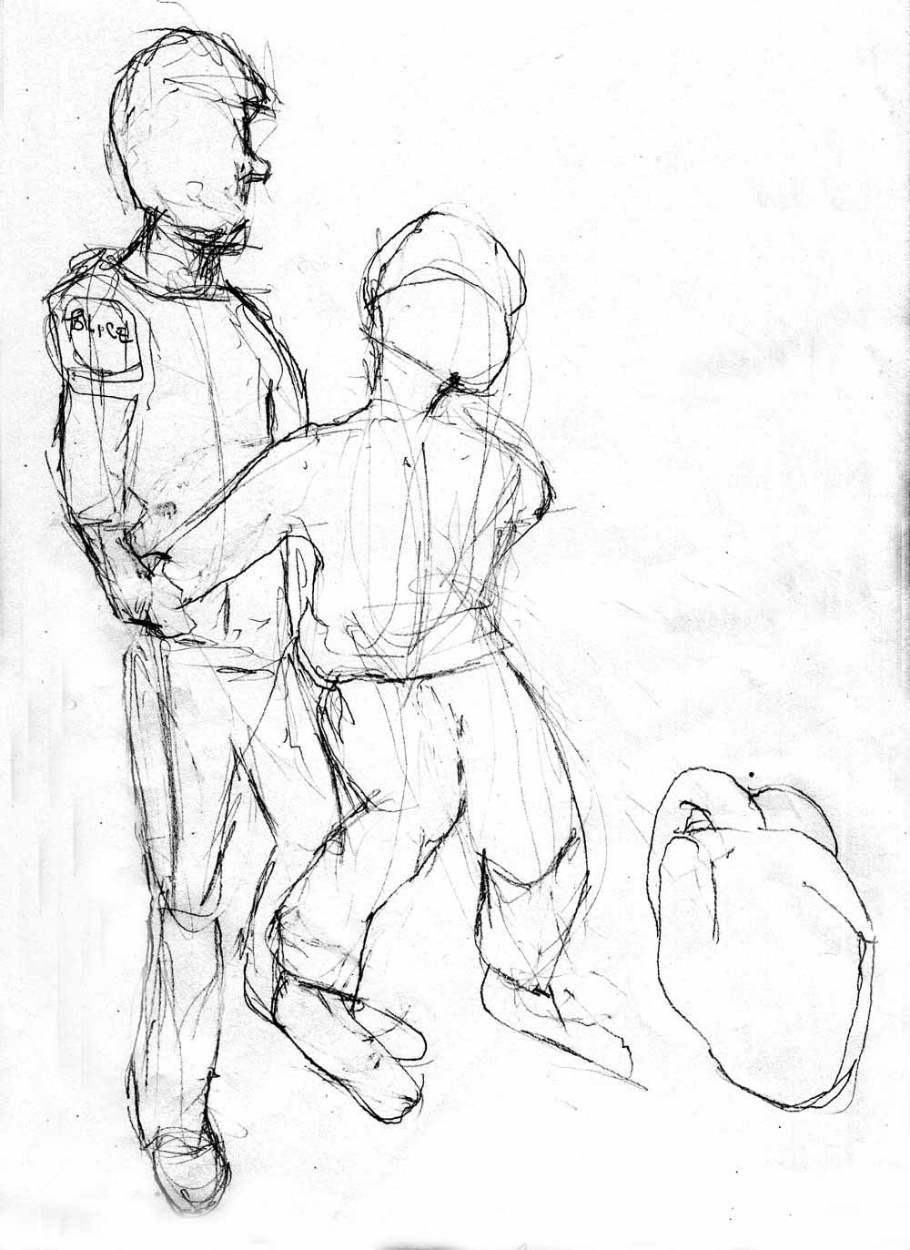 Line drawing showing a person pinning someone else's arms behind their back while they stand next to a backpack.