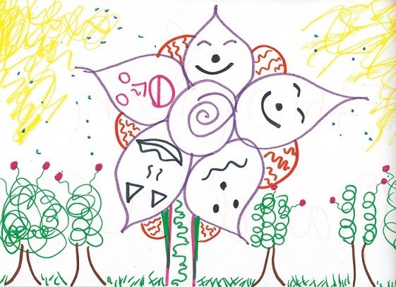 A drawing of trees and flowers.