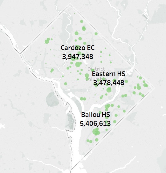 2016 Projected At-Risk Funding By School. Larger circles represent more at-risk funding.