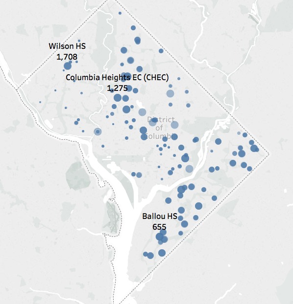 Projected 2016 At-risk Enrollment by School. Larger cirlces represent larger project enrollments.
