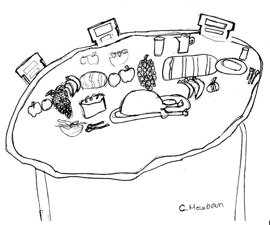 A drawing of a table with food