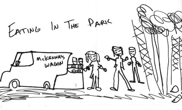 A drawing of people eating in a park