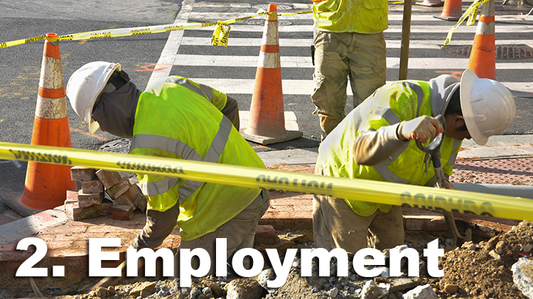 A photo of two construction workers digging up part of a street with the text "2. Employment" on top of the photo.
