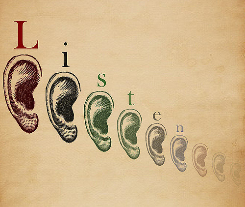 Ears in a line with the word "listen" spelled out above each ear