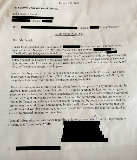 Photo of a notice to vacate