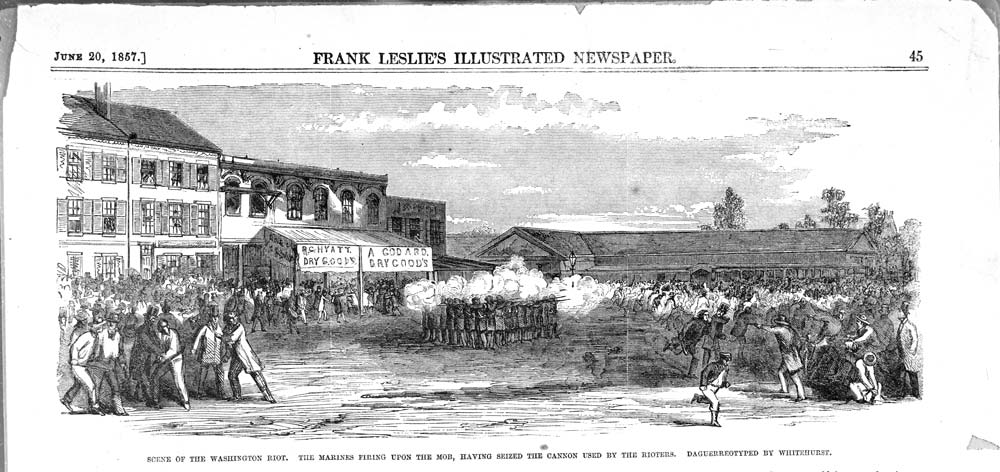 An illustration of marines raising their weapons as people run away