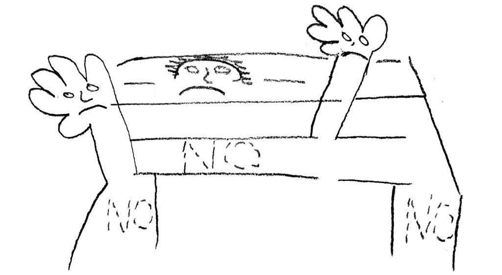 Illustration that personifies a bench as a person with the word no written on it.