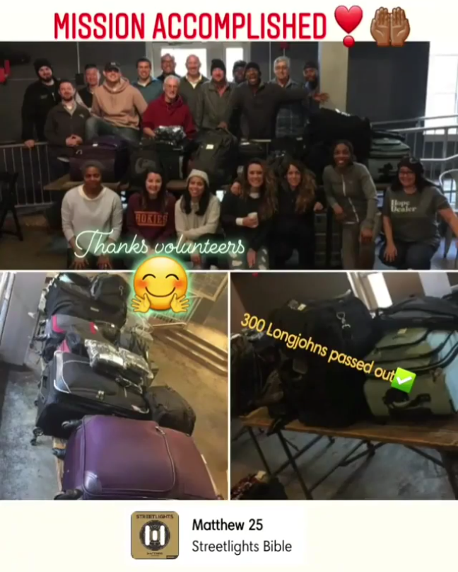 The text "Mission Accomplished" is displayed above a photo collage showing a group of volunteers and several suitcases full of long johns