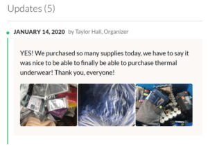 A screenshot of a GoFundMe page reads "YES! We purchased so many supplies today, we have to say it was nice to be able to finally be able to purchase thermal underwear! Thank you, everyone!" Below the text, there are photos of thermal underwear, tea candles, and emergency blankets.