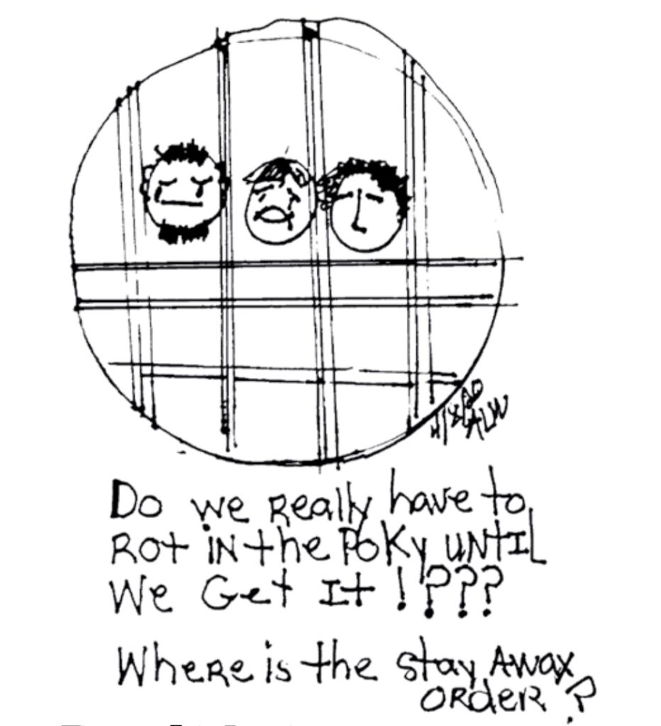 A drawing depicting three crying people in jail