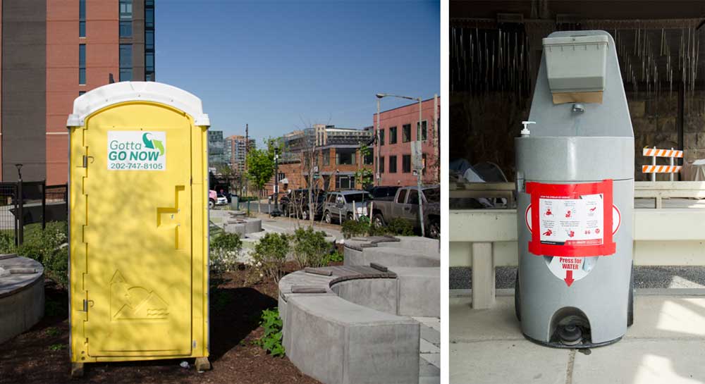 Photos of a yellow porta-potty sitting in a grassy area and a greay pillar with a flyer about handwashing taped to it.