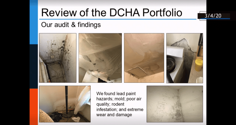 Photo of a slide with several images of mold and poor conditions in public housing.