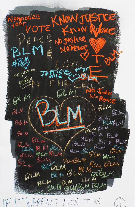 Handwritten signage with many messages surrounding the letters "BLM" within a heart.