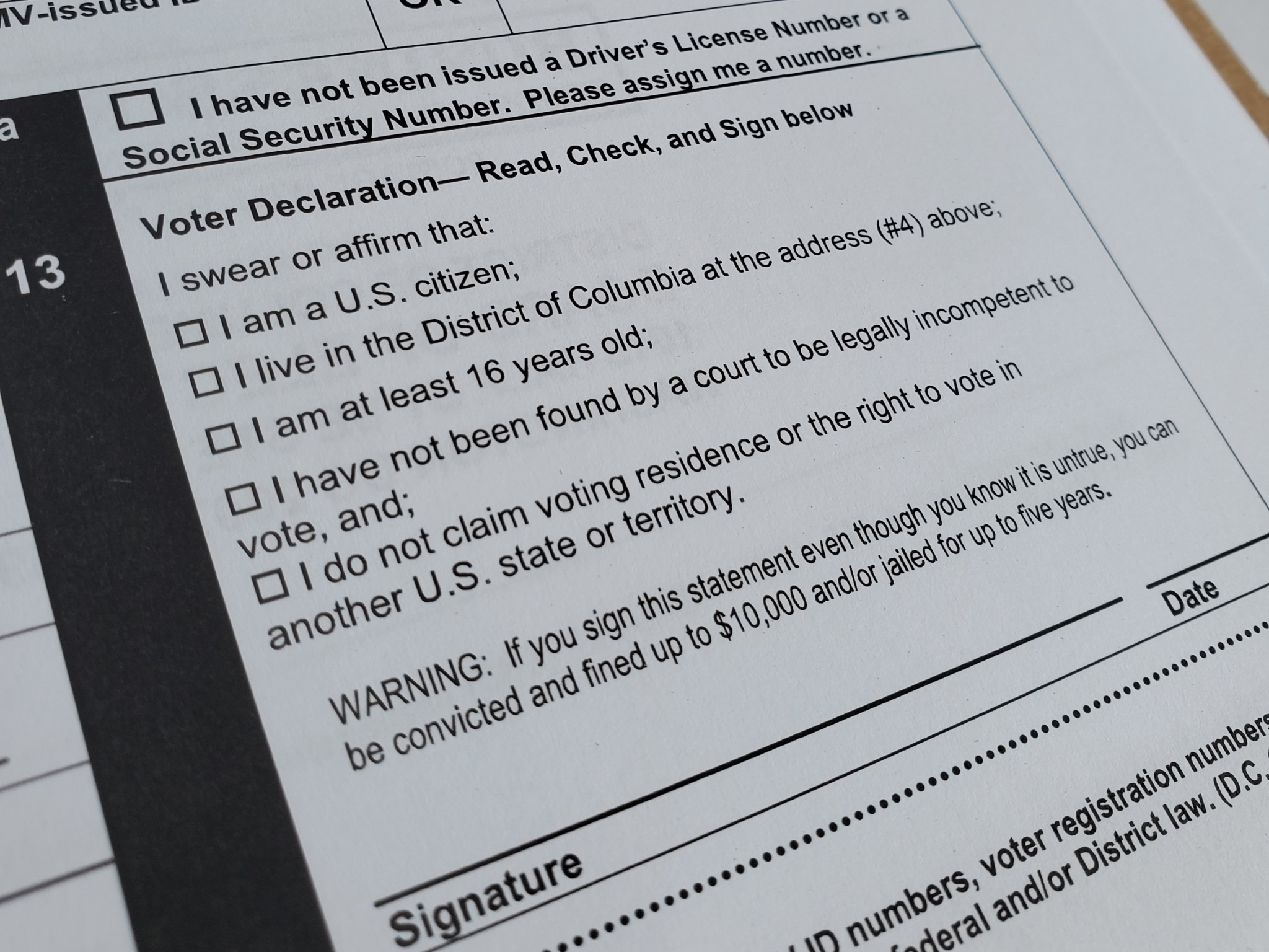 Photo of the eligibility questions on the D.C. voter registration form