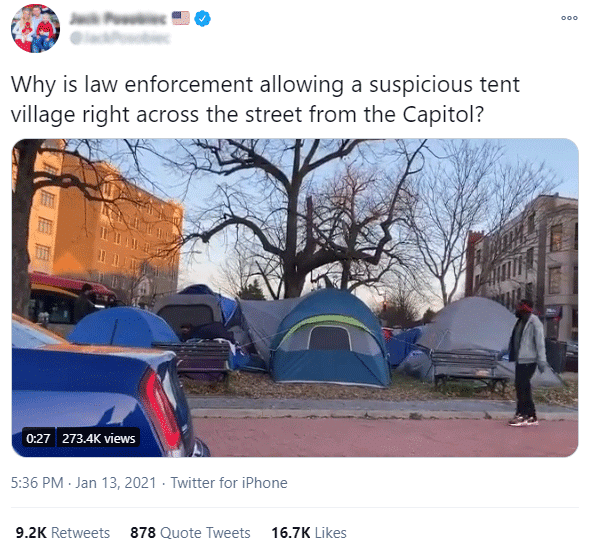 A Tweet that says "Why is law enforcement allowing a suspicious tent village right across the street from the Capitol?" and shows several tents and people in a small patch of grass next to the road in Capitol Hill. The name and handle of the user who posted the Tweet have been blurred.