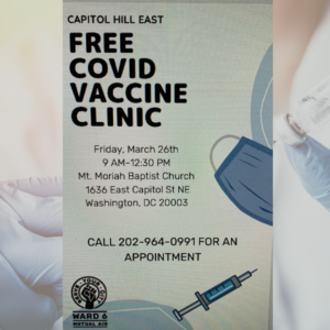 Image shows a flyer advertising a COVID-19 vaccination clinic on March 26. Animated masks, a syringe and gloves are in the background. 