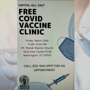 Image shows a flyer advertising a COVID-19 vaccination clinic on March 26. Animated masks, a syringe and gloves are in the background.