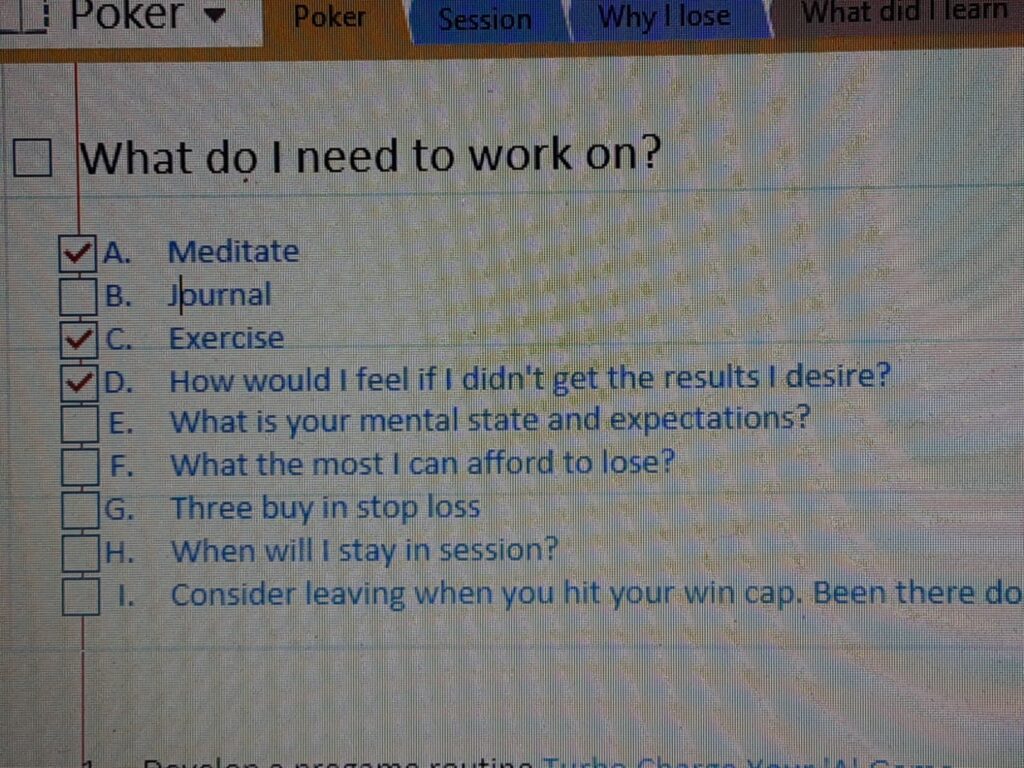 Image shows a task list on a computer screen. The header is "What do I need to work on?" in black text, with a checklist in blue below.