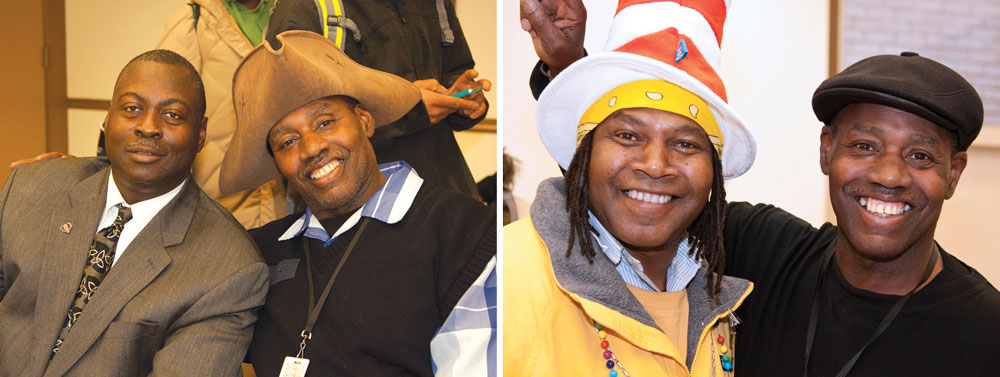 Two photos displayed side by side. Left: David Denny (wearing a pirate hat) and James Davis (wearing a suit) smiling together. Right: Phillip Black (wearing a Cat In the Hat hat) and David smiling together.