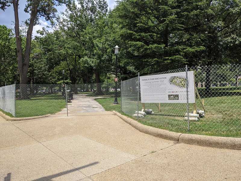 Franklin Park's dense, green trees and grass are fenced off in this picture.