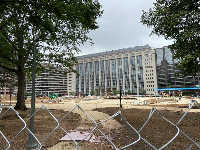 Photo of the continued redevelopment progress. Substantial new sidewalk areas have no been established.