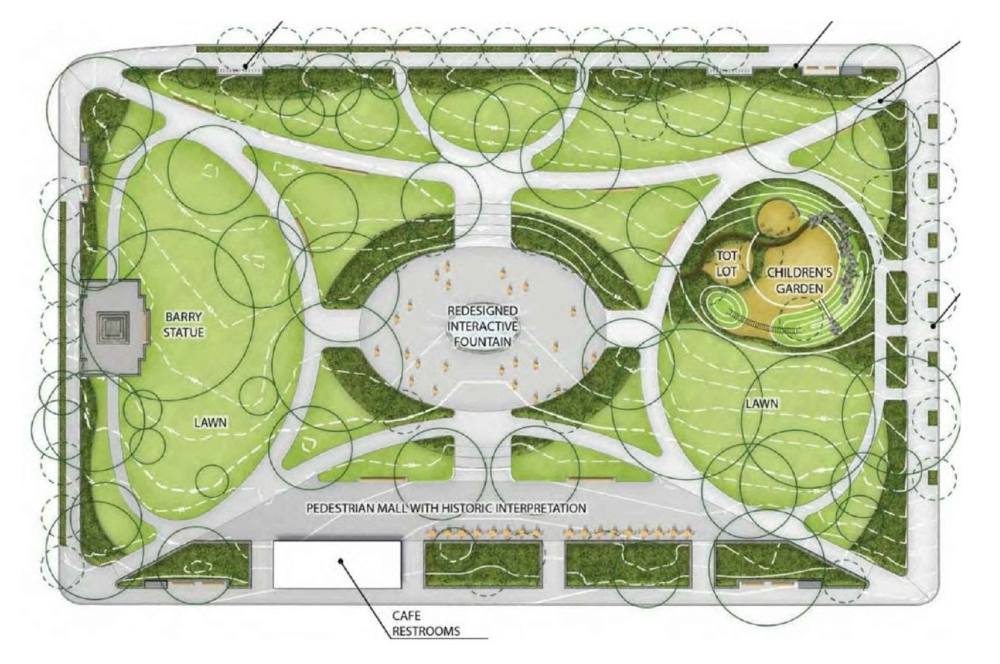 An illustrated map depicting the planned redevelopment of Franklin Square Park.