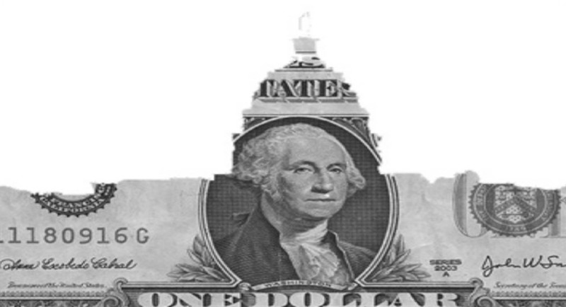 Artwork showing a dollar bill carved into the shape of the US Capitol