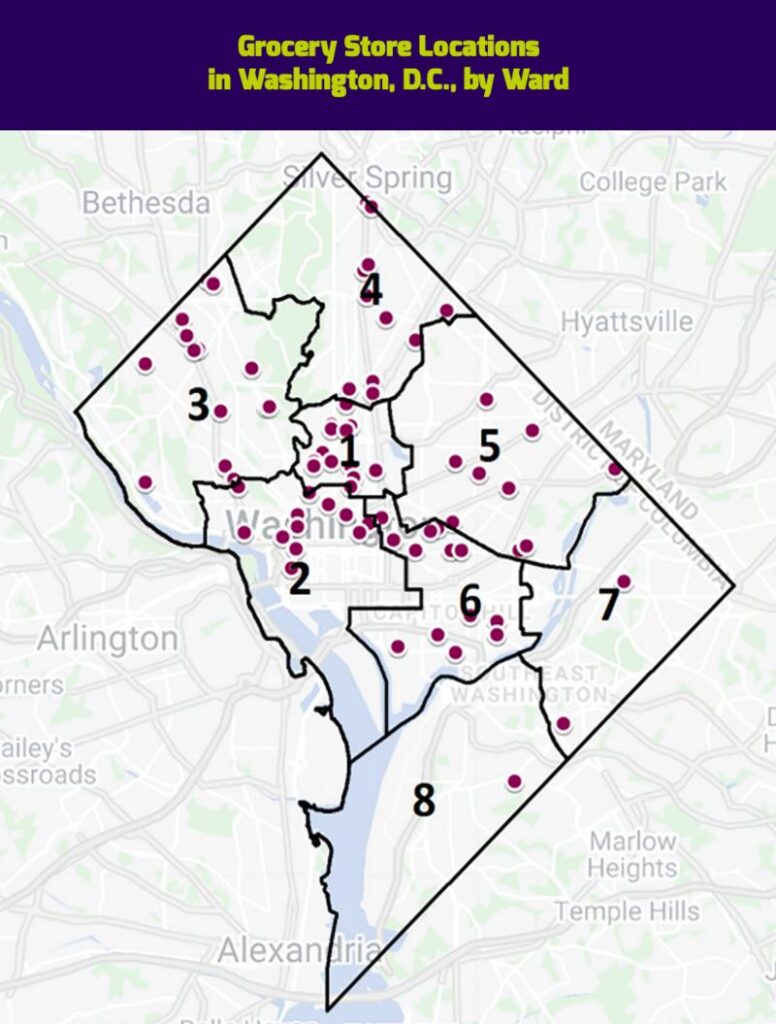 The map indicates the location of grocery stores across the District