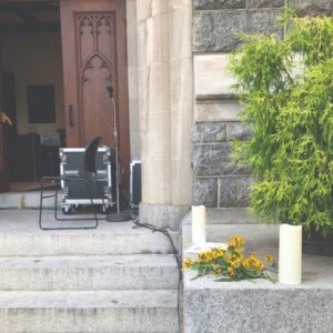 A photo of yellow flowers laying on the concrete