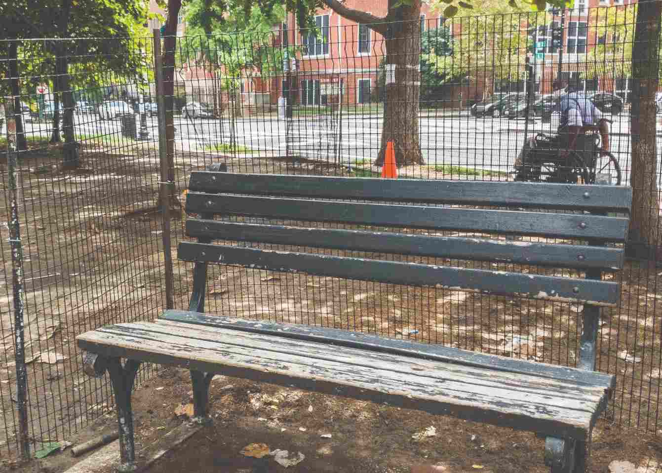 Photo of a fence erected outlining a park bench.