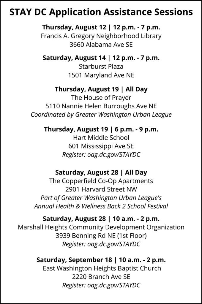 A graphic shows event dates and locations for STAY DC application assistance events