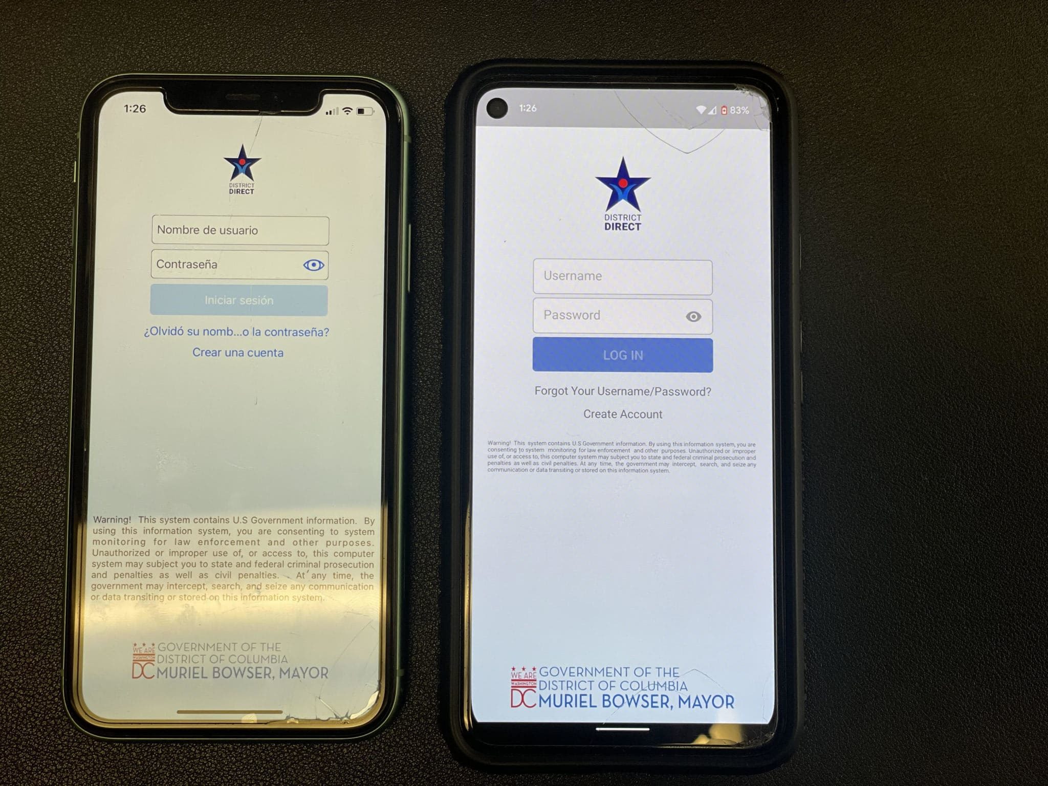 A photo of two phones side-by-side with the displaying the homepage of the District Direct mobile app