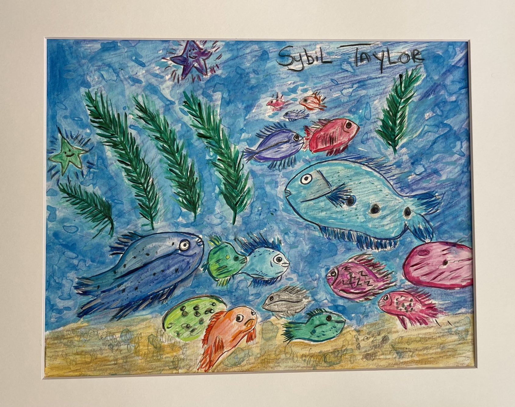 A drawing of fish in the sea. 