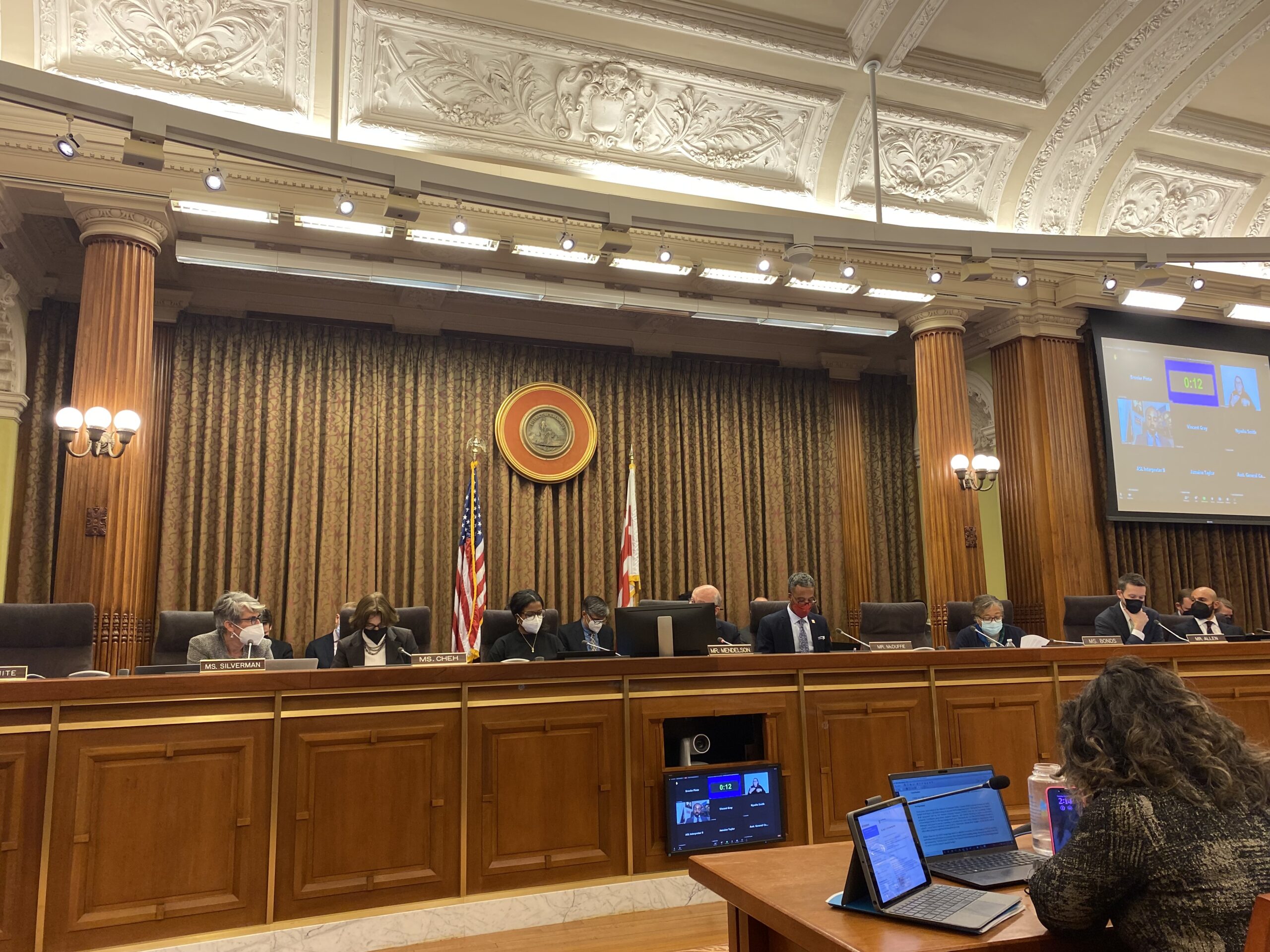 Ten councilmembers sit behind a wood-paneled dais.